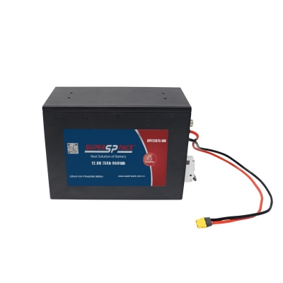 front view of 12.8V 75Ah lithium battery with M8 terminals and black casing